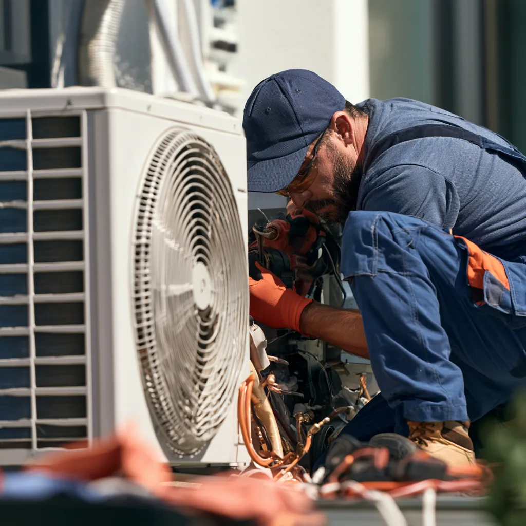 HVAC technician repairing an outdoor residential air conditioning unit