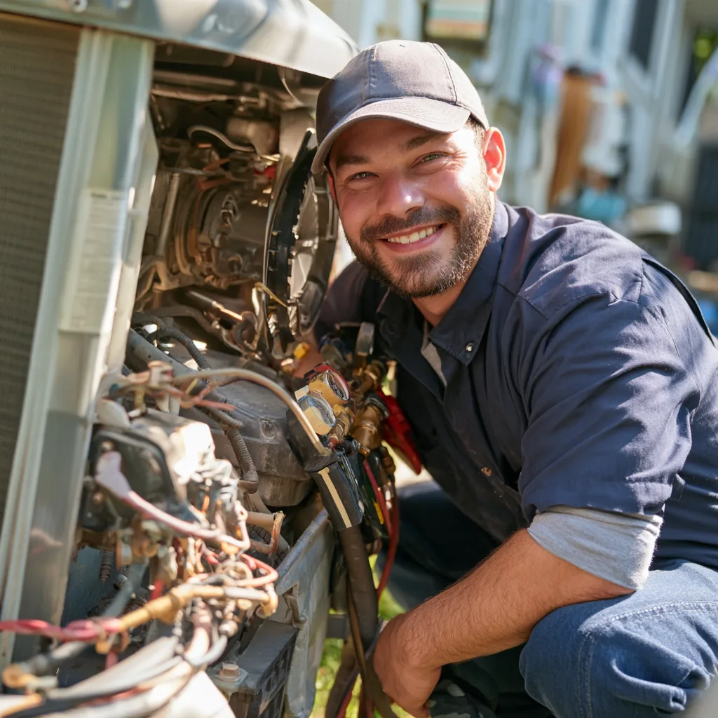 HVAC technician beside open residential cooling equipment