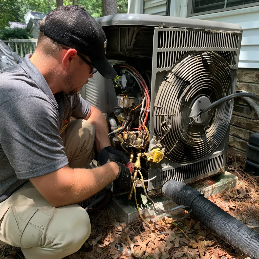 Technician checking gauges and components on an outdoor AC unit