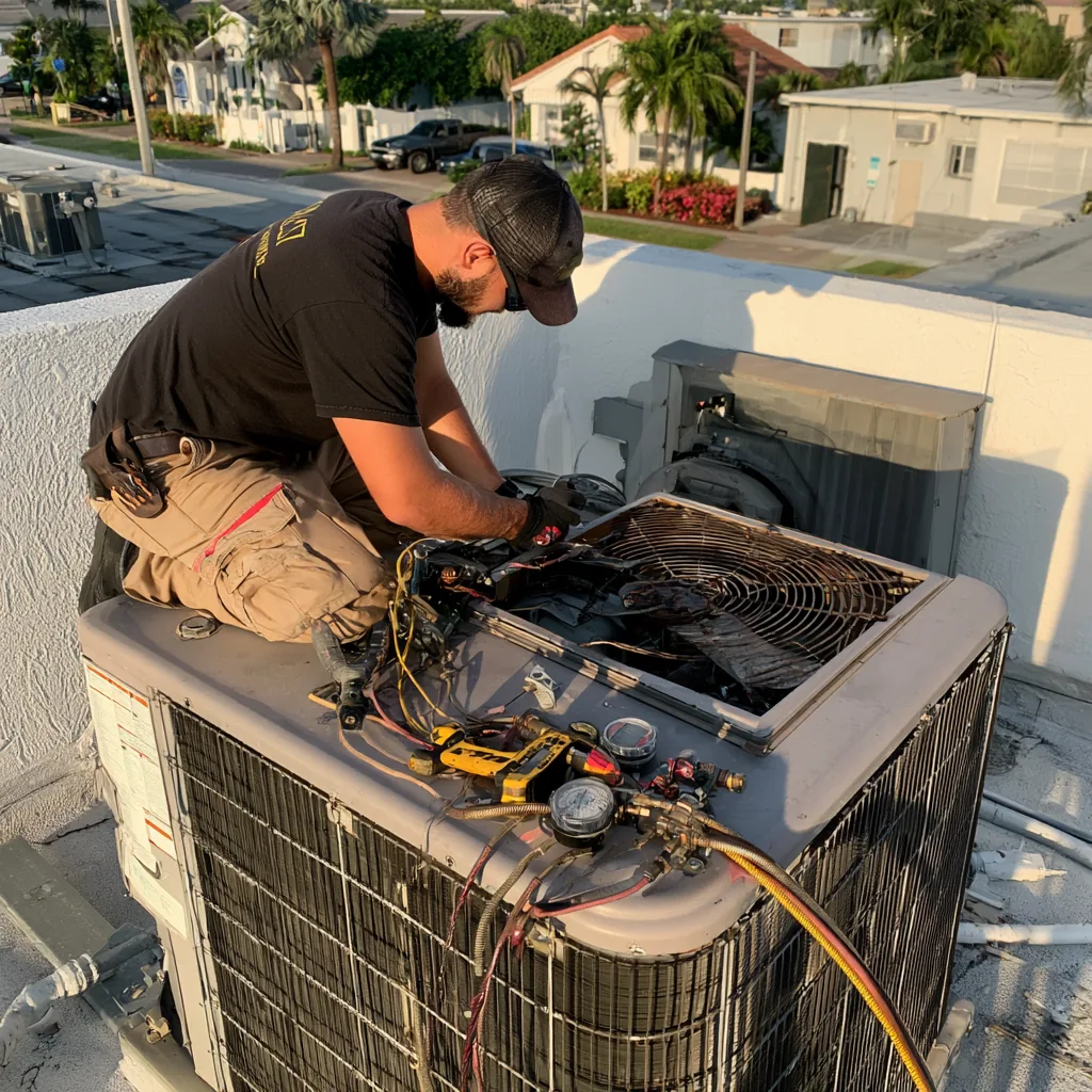 Technician working on rooftop heating and cooling equipment