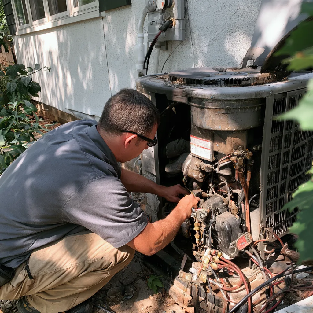 Technician performing maintenance on residential HVAC equipment