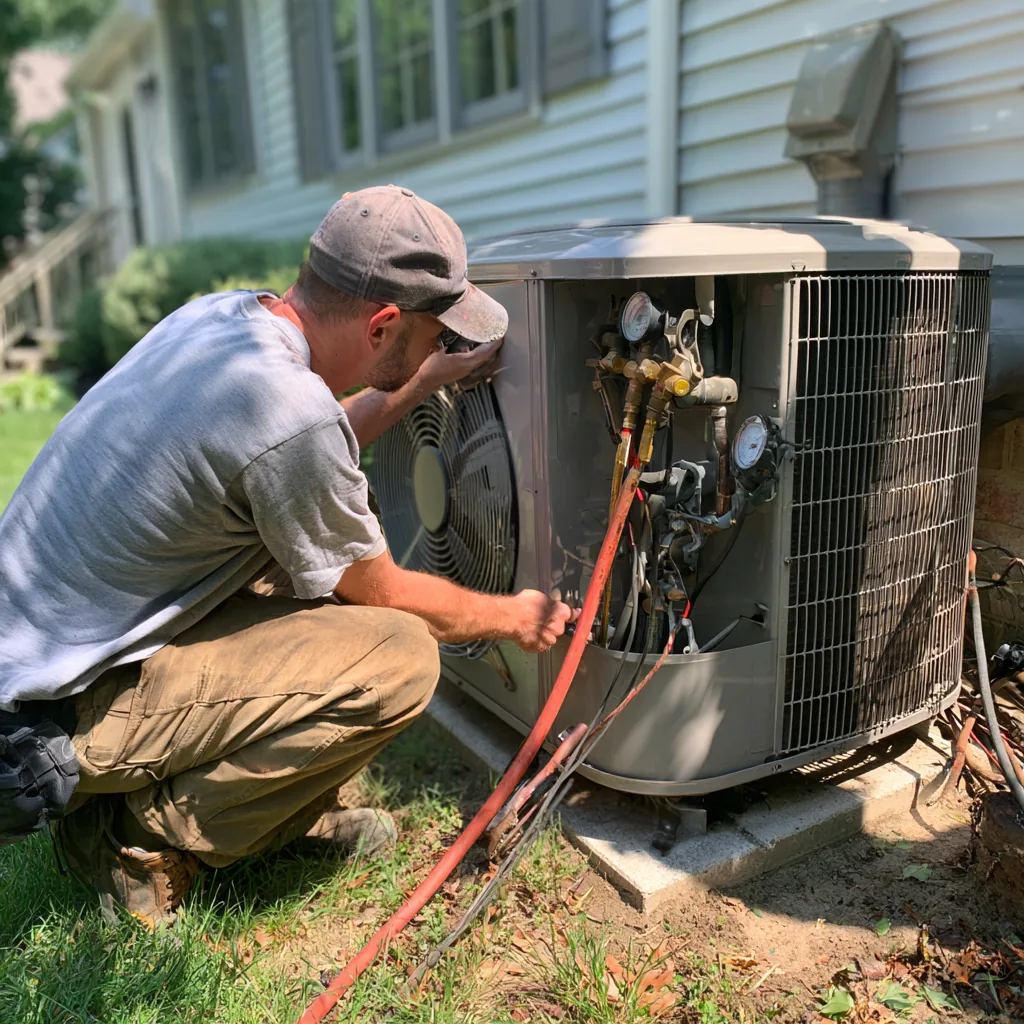 Technician connecting service gauges to a residential HVAC system