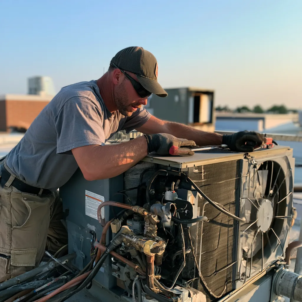 Technician inspecting rooftop HVAC equipment